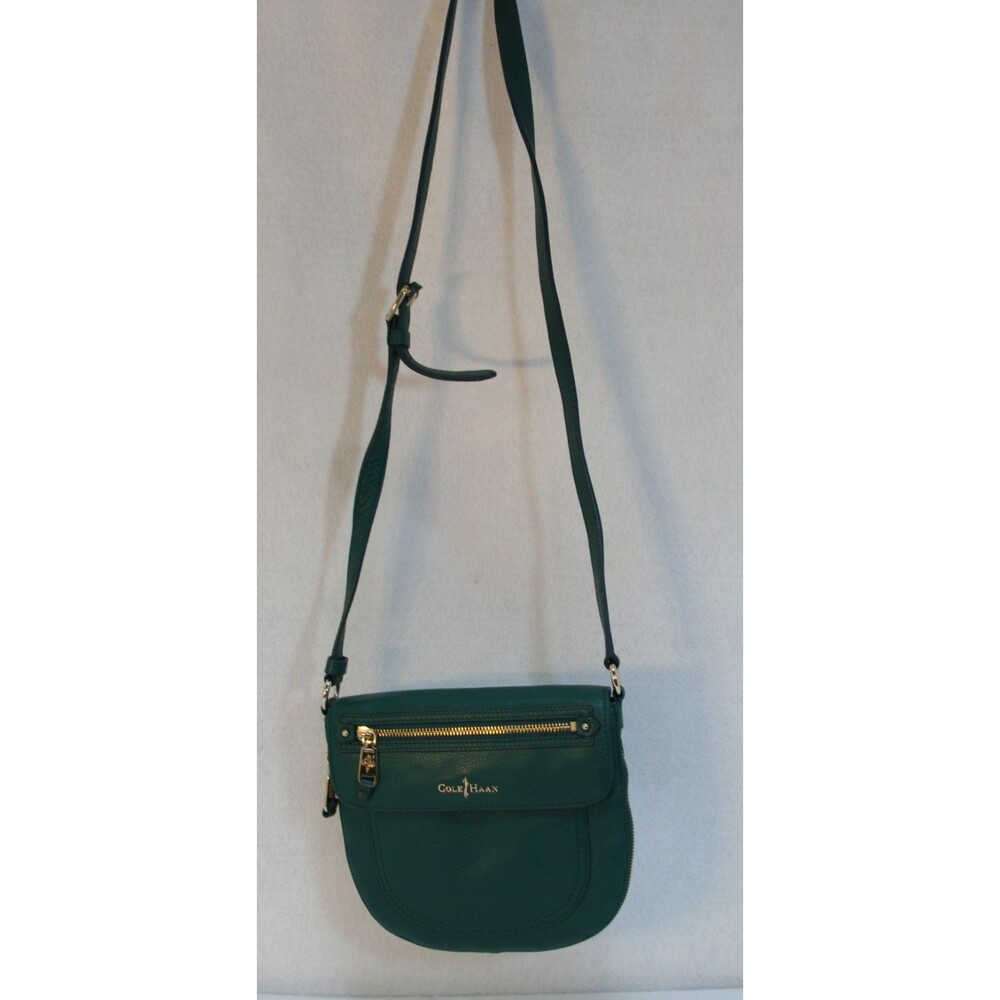 Cole Haan Womens Teal Leather Crossbody Bag Zipper Front Gold Toned Hardware